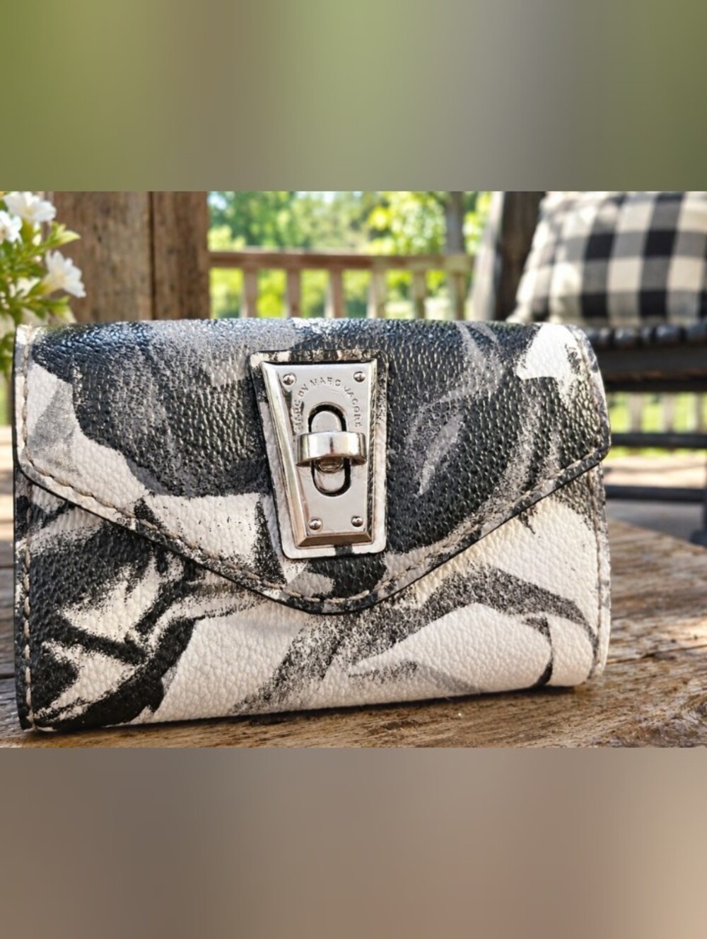 Marc Jacobs Black & White Floral Leather Compact Wallet
